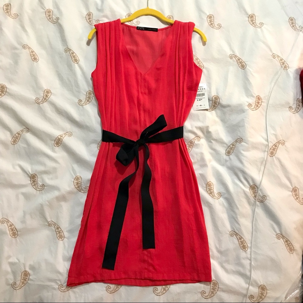SOLD! N/A - NEW +Tag ~ ZARA ~ V Neck Sleeveless DRESS ~ RED w/ Black Sash ~ Med